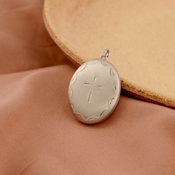 Flower Cross Oval 925 Sterling Silver Locket Pendant