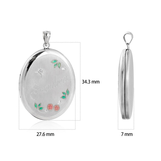 Red Flower and Green Leaf Sterling Silver Locket Pendant