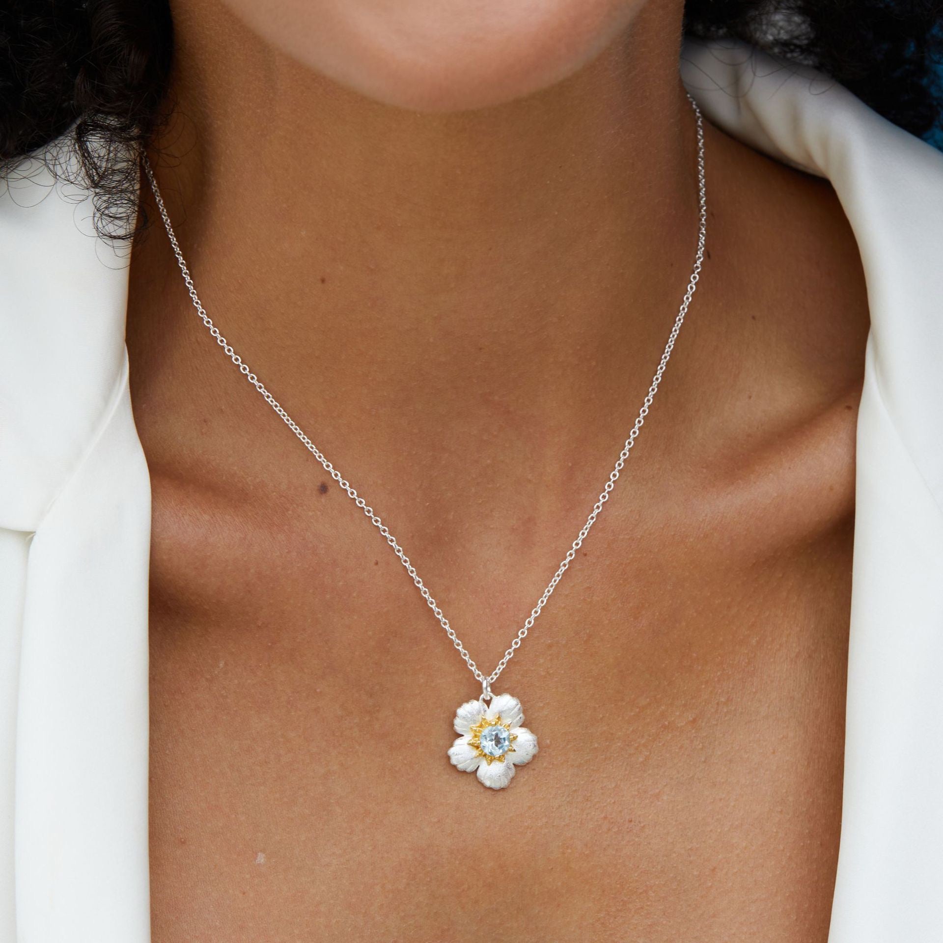 Blue Topaz Flower Pendant Necklace