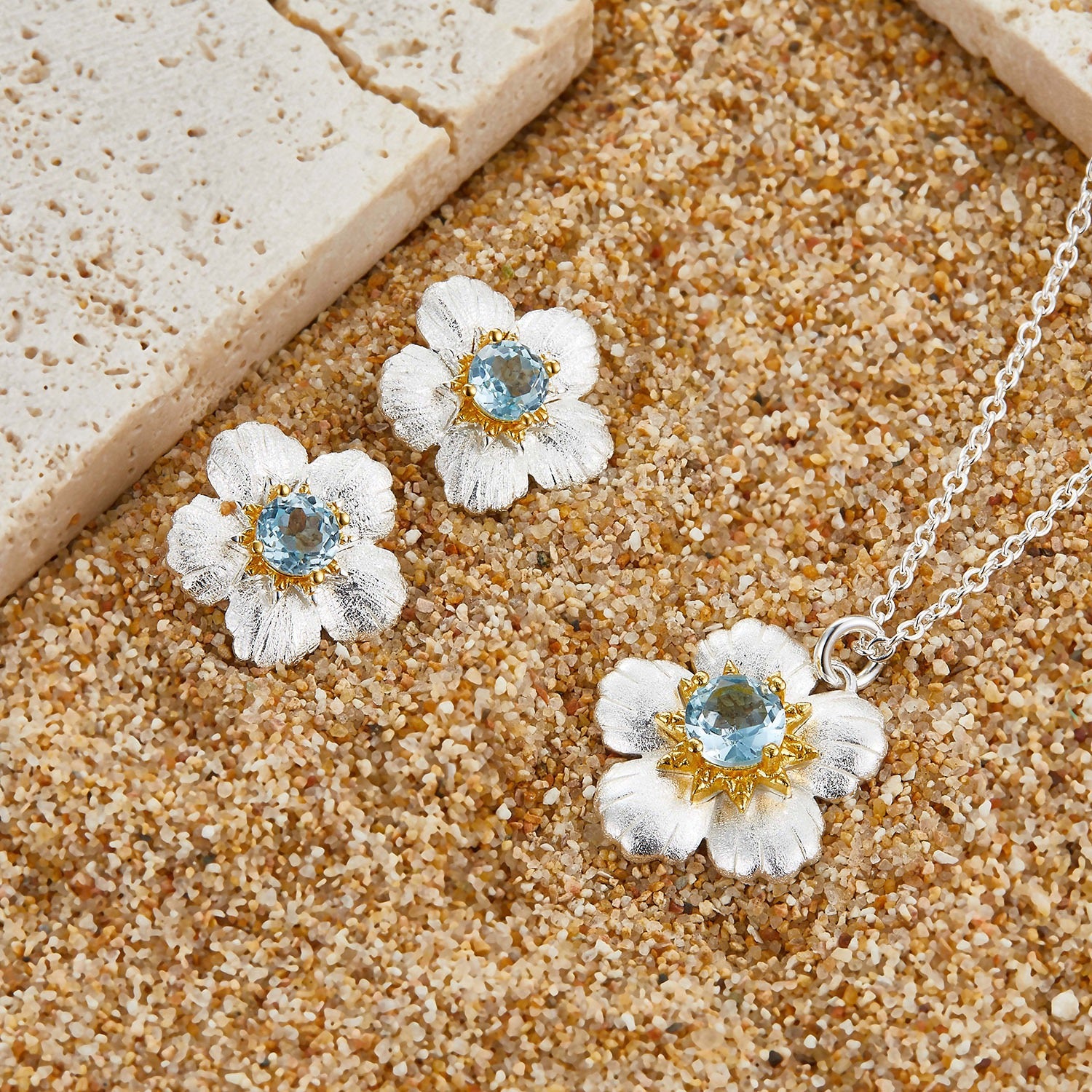 Blue Topaz Flower Pendant Necklace