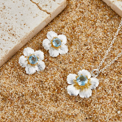 Blue Topaz Flower Pendant Necklace