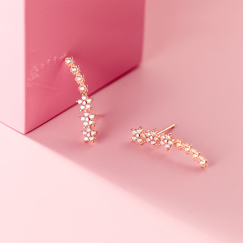 Sterling Silver Cubic Zirconia Flower Long Stud Earrings