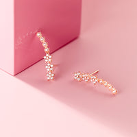 Sterling Silver Cubic Zirconia Flower Long Stud Earrings