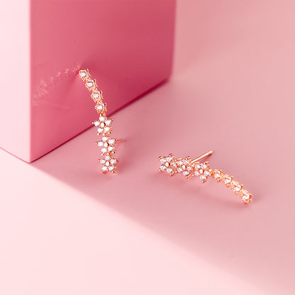 Sterling Silver Cubic Zirconia Flower Long Stud Earrings