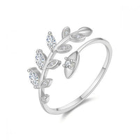 Crystal Olive Leaf Branch Adjustable Ring in 925 Sterling Silver